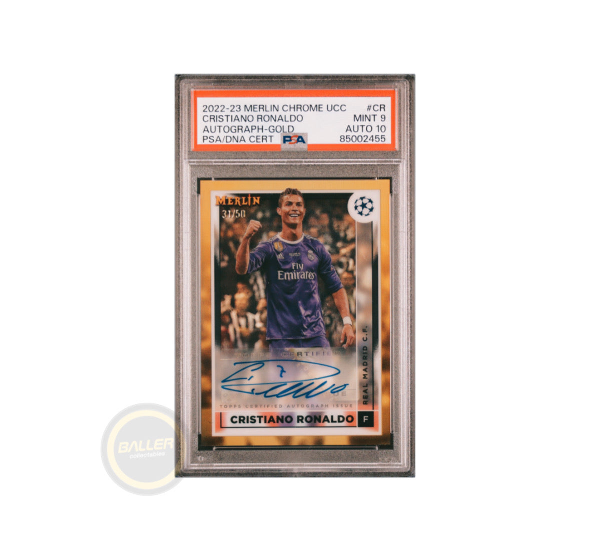 2022-23 Topps Merlin Soccer Autograph Gold CHRISTIANO RONALDO /50 PSA 9 POP 1 - Baller Collectables